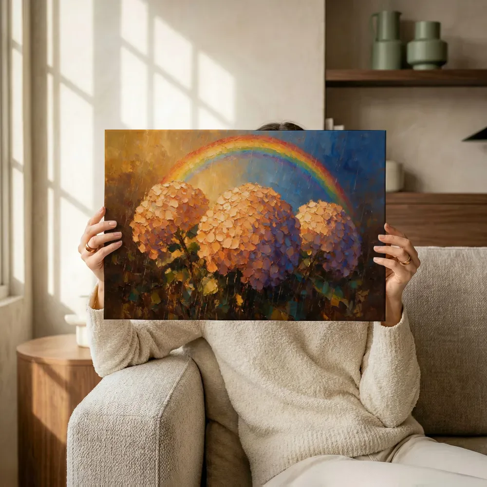 Sfeerimpressie: Hortensia tegen de lucht in perzik terwijl het omhoog wordt gehouden