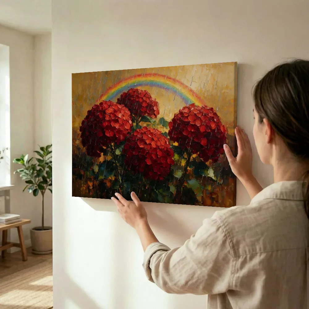 Sfeerimpressie: Hortensia van dichtbij in karmozijn terwijl het wordt opgehangen