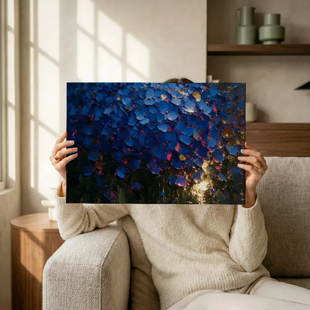Sfeerimpressie: Hortensia van dichtbij in kobaltmagenta terwijl het omhoog wordt gehouden