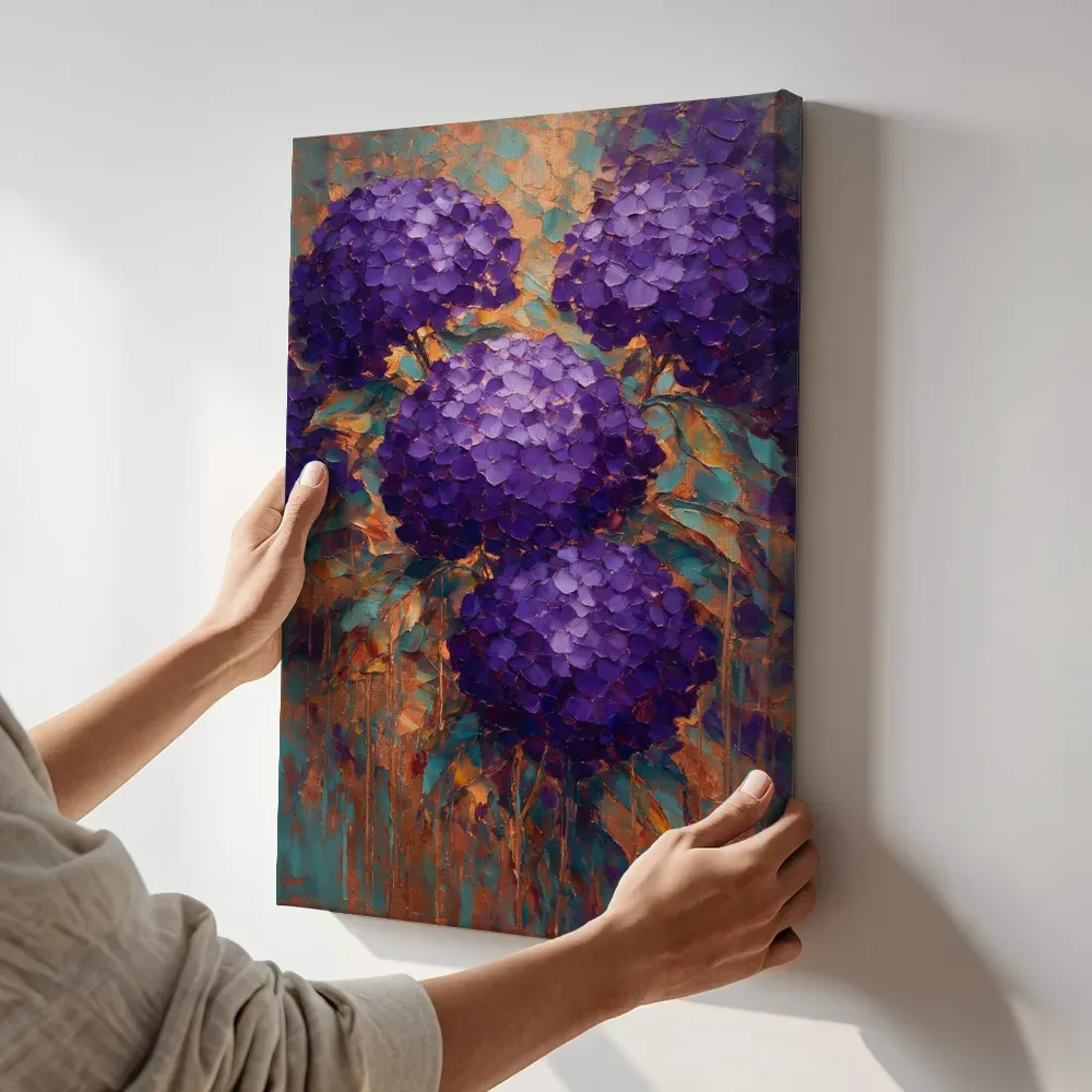Sfeerimpressie: Hortensia van dichtbij in paarsoranje terwijl het aan de muur wordt gehangen