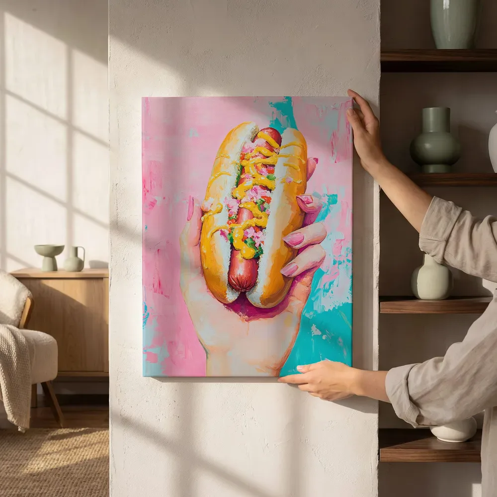 Sfeerimpressie: Hotdog met mosterd naast de kast