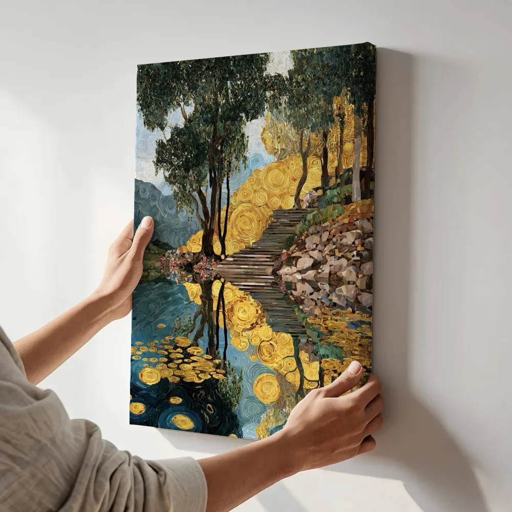Sfeerimpressie: Houten pad langs gouden bomen terwijl het aan de muur wordt gehangen