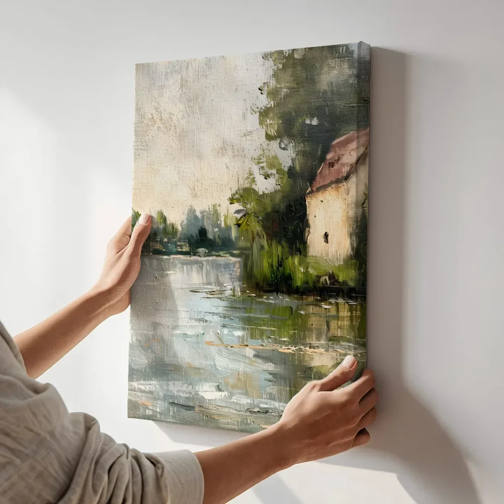 Sfeerimpressie: Huisje aan de rivier terwijl het aan de muur wordt gehangen