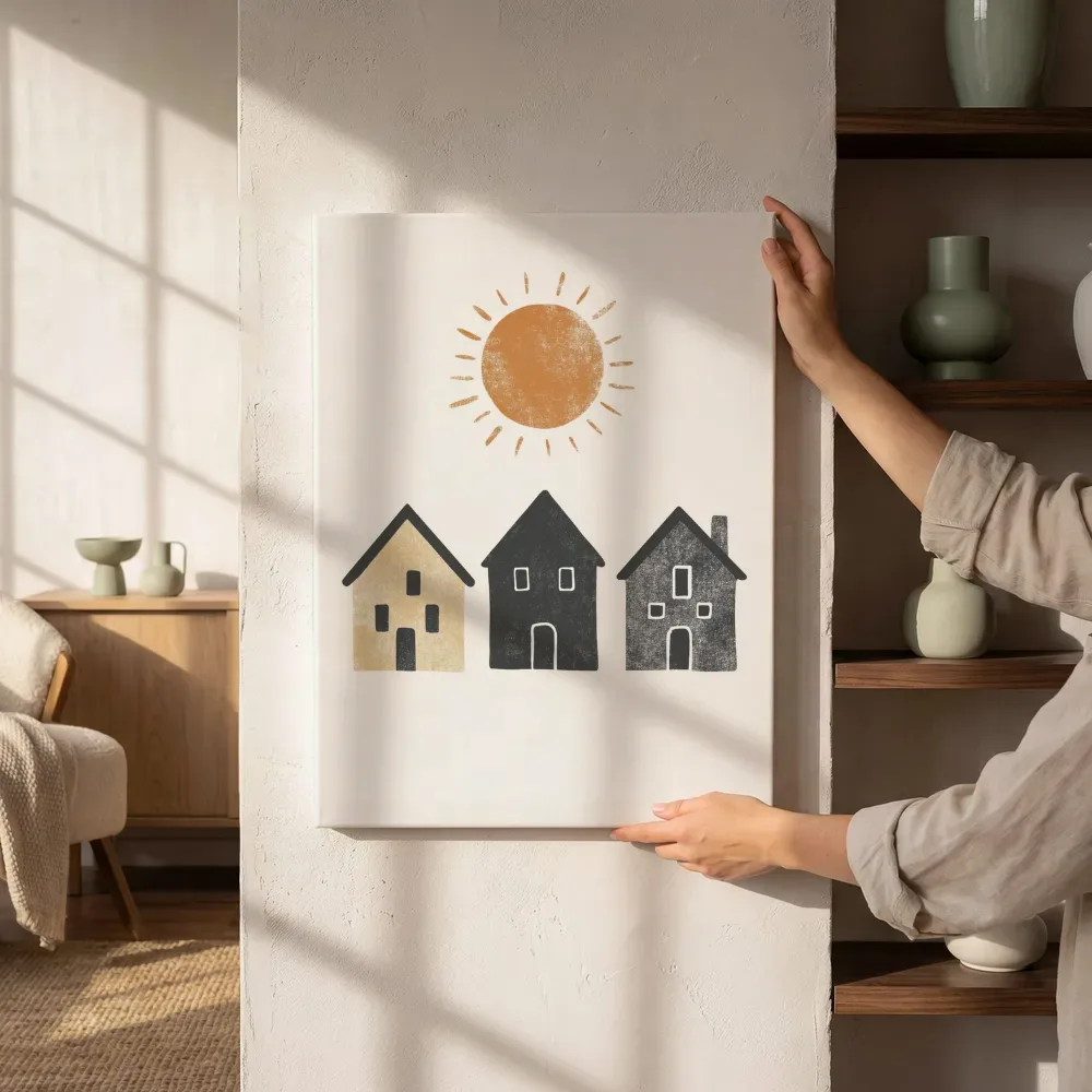 Sfeerimpressie: Huisjes met zon in blokprintstijl naast de kast