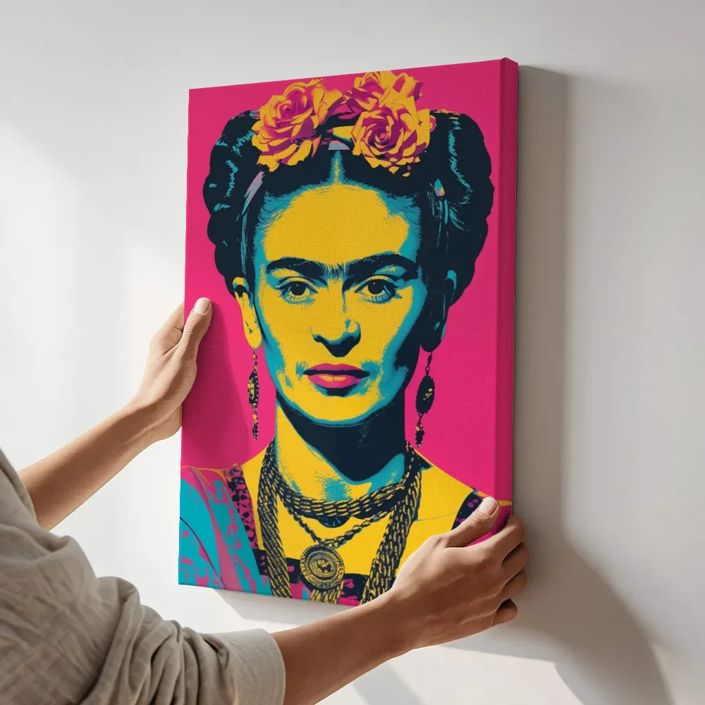 Sfeerimpressie: Iconisch portret in pop-art stijl terwijl het aan de muur wordt gehangen