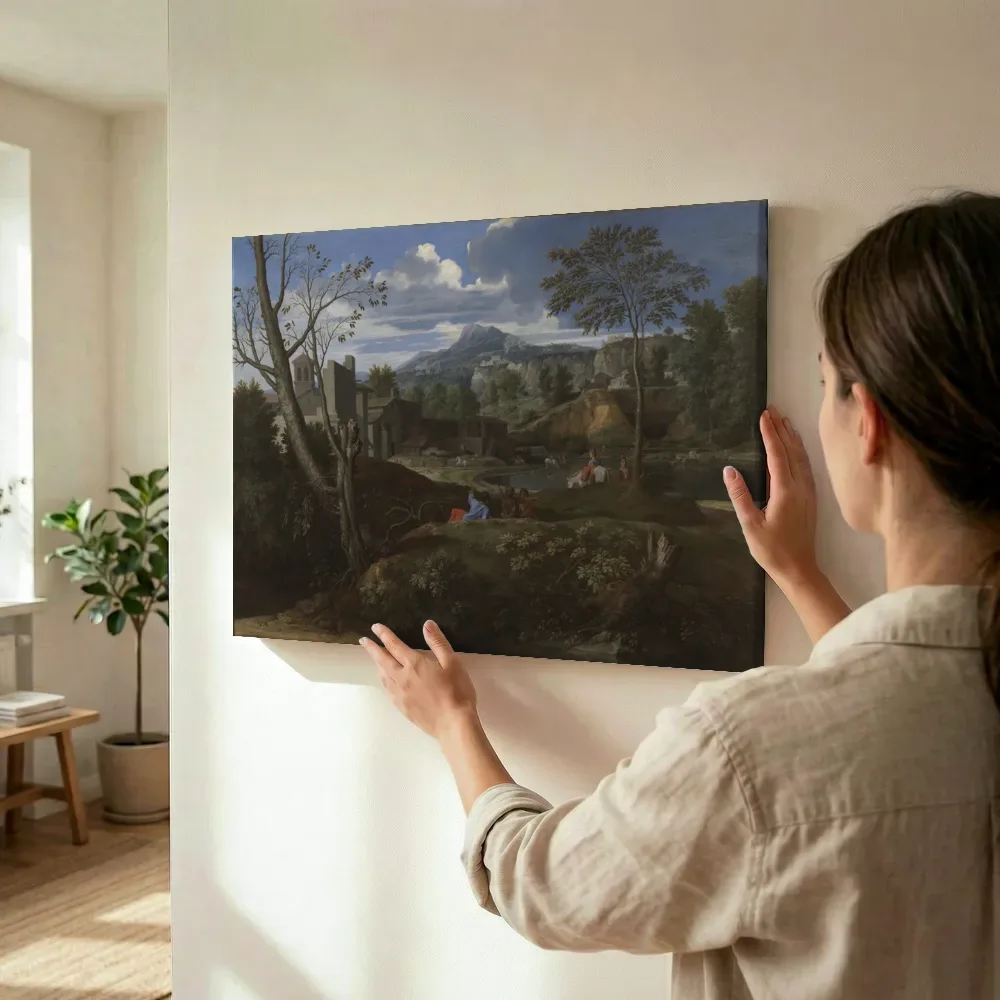 Sfeerimpressie: Ideaal landschap van Nicolas Poussin terwijl het wordt opgehangen