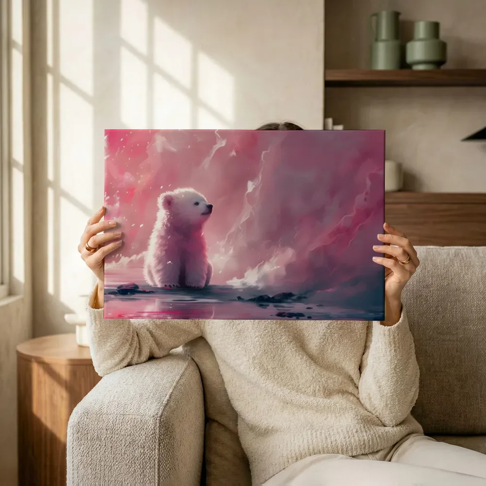 Sfeerimpressie: IJsbeerwelp in roze mist terwijl het omhoog wordt gehouden