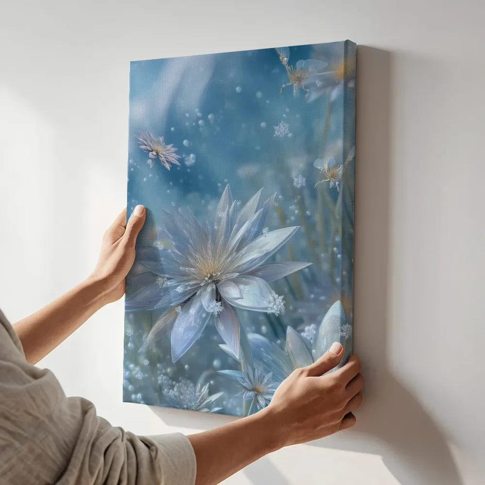 Sfeerimpressie: IJsbloemen met lichtgevende libellenfeeën terwijl het aan de muur wordt gehangen