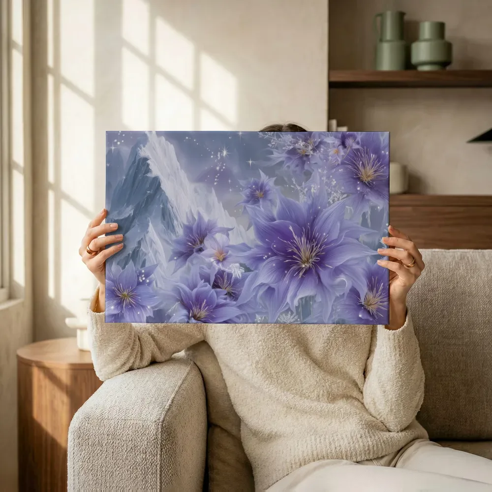 Sfeerimpressie: IJskristallen bloemen in de bergen terwijl het omhoog wordt gehouden
