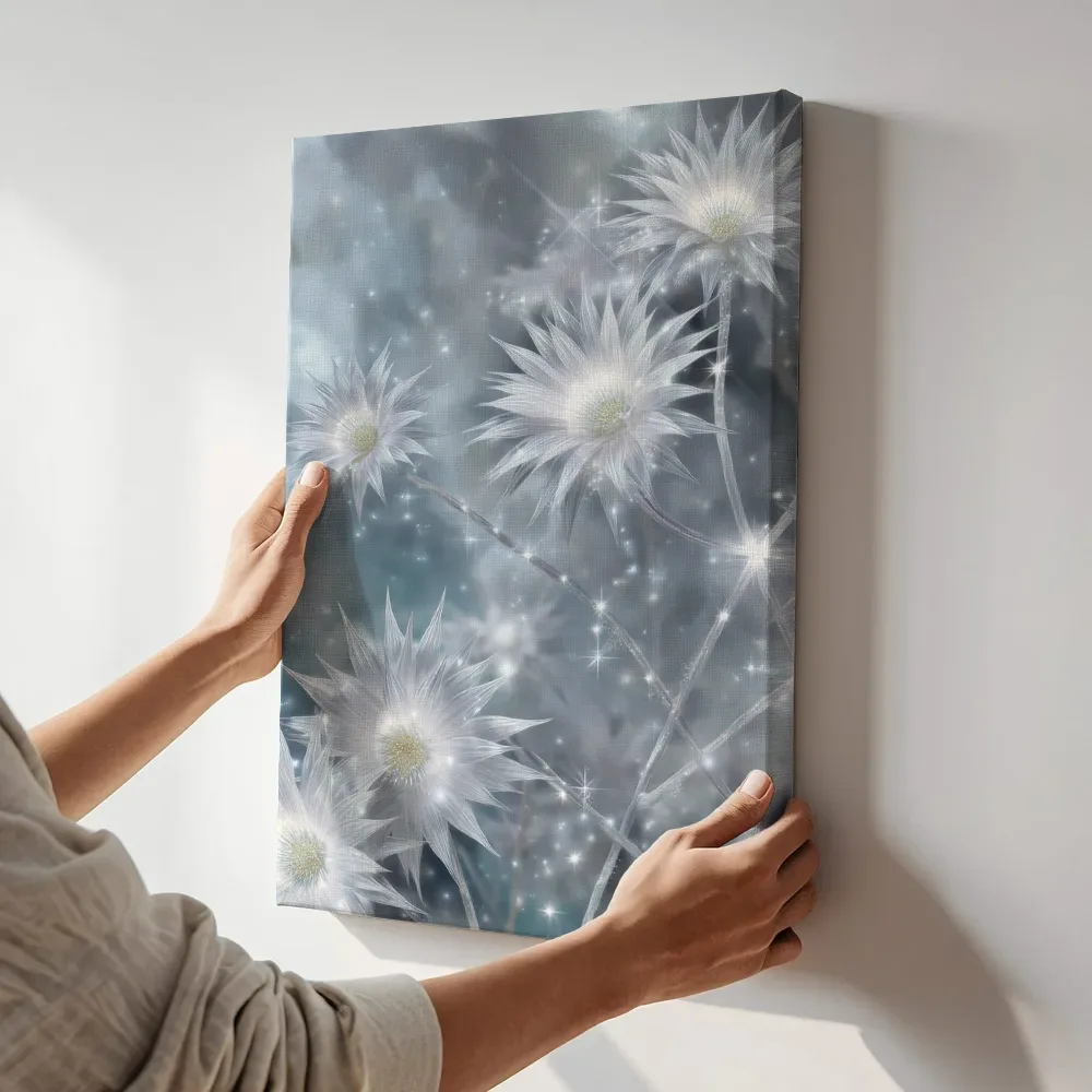 Sfeerimpressie: IJskristallen bloesems terwijl het aan de muur wordt gehangen