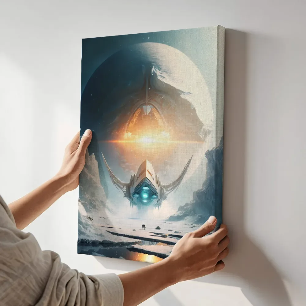 Sfeerimpressie: IJsplaneet met alien ruimteschip terwijl het aan de muur wordt gehangen