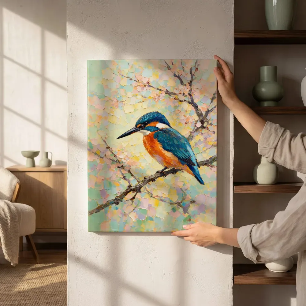 Sfeerimpressie: IJsvogel op een tak in olijf terwijl het zittend wordt getoond