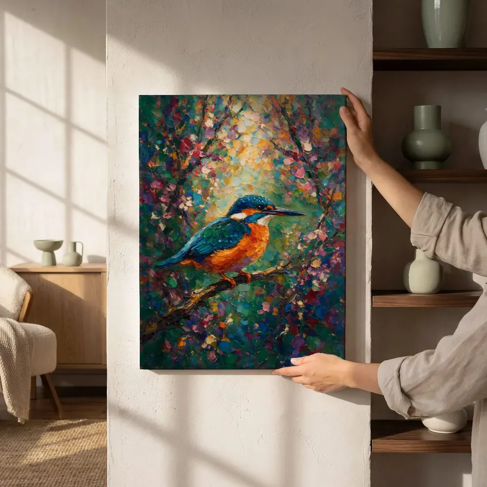 Sfeerimpressie: IJsvogel op een tak in turkoois naast de kast