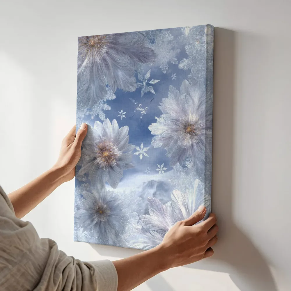 Sfeerimpressie: IJswitte bloesems in het besneeuwde bergdal terwijl het aan de muur wordt gehangen