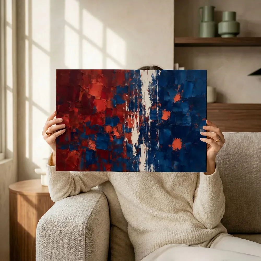 Sfeerimpressie: IJzerrood en indigo van links naar rechts terwijl het omhoog wordt gehouden