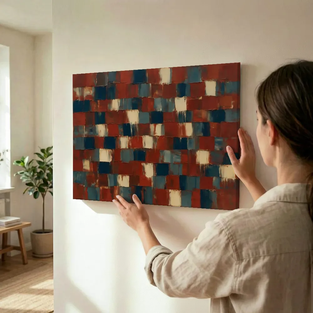 Sfeerimpressie: IJzerrood en pruisisch blauw als een muur van stenen terwijl het wordt opgehangen