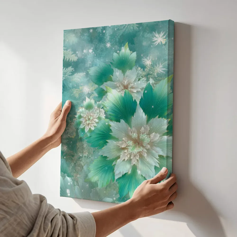 Sfeerimpressie: Winterbloei in turquoise terwijl het aan de muur wordt gehangen