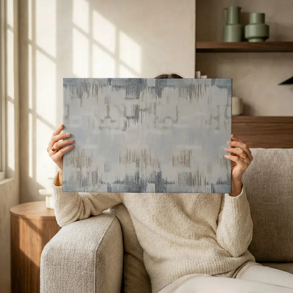 Sfeerimpressie: Ikat textielpatroon in blauwgrijs en beige terwijl het omhoog wordt gehouden