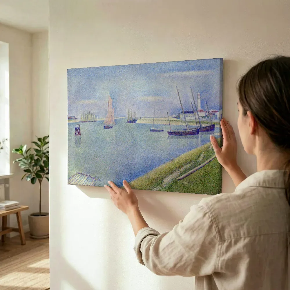 Sfeerimpressie: Il canale di Gravelines, in direzione del mare van Georges Seurat terwijl het wordt opgehangen