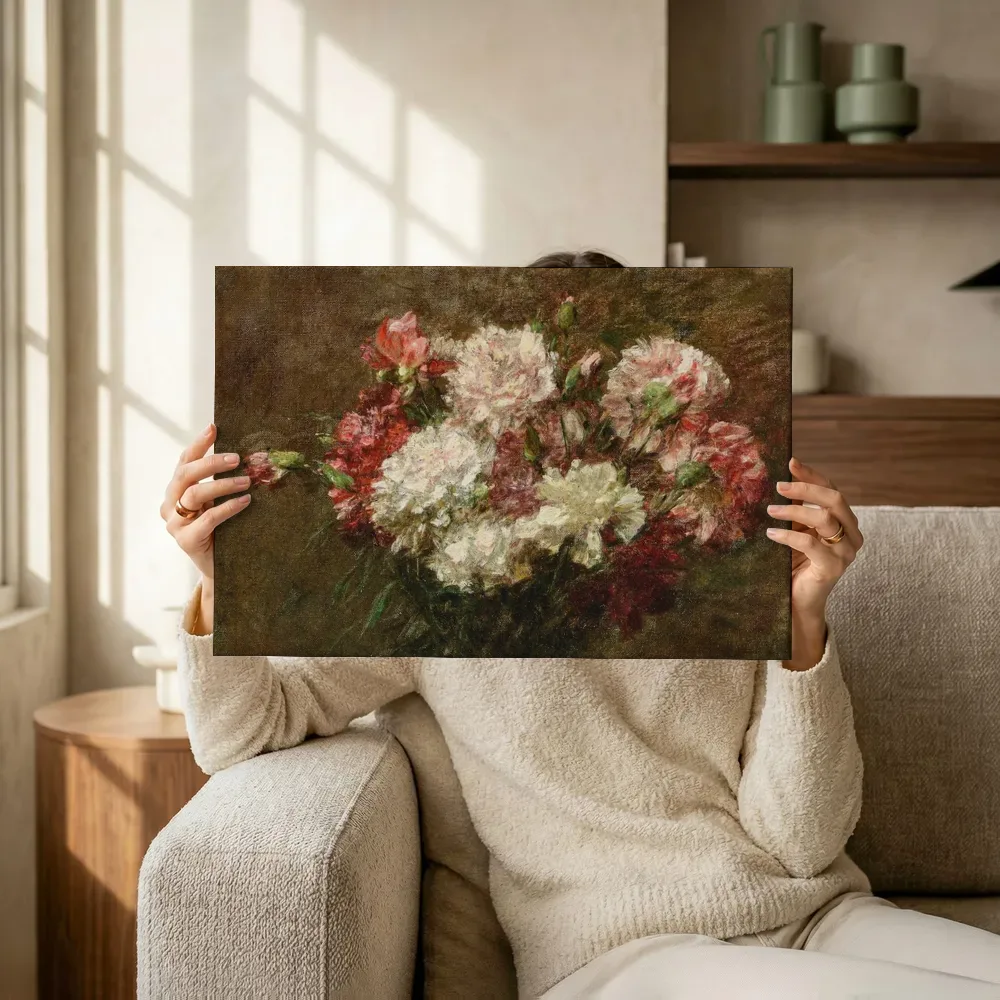 Sfeerimpressie: Œillets 1904 van Henri Fantin-Latour terwijl het omhoog wordt gehouden