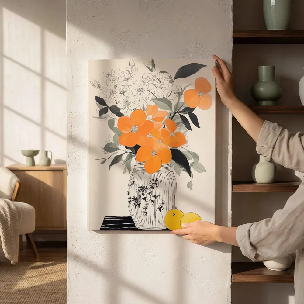Sfeerimpressie: Illustratief boeket met oranje bloemen en citroenen naast de kast