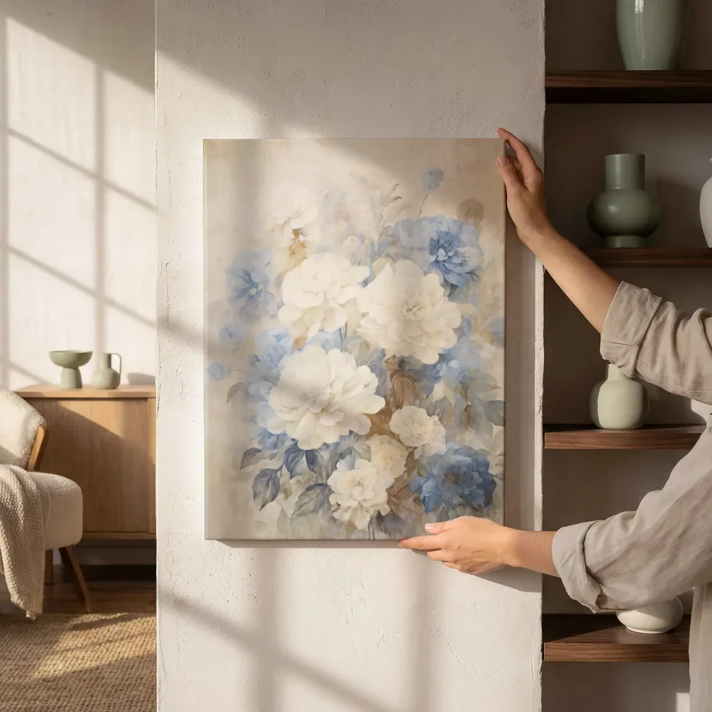 Sfeerimpressie: Illustratie pioenrozen in blauw en crème naast de kast