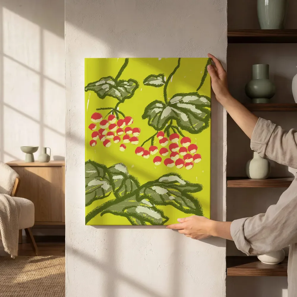 Sfeerimpressie: Illustratie van rode bessentakken naast de kast