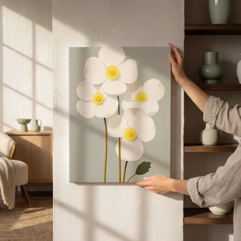 Sfeerimpressie: Illustratie witte anemonen met geel hart naast de kast