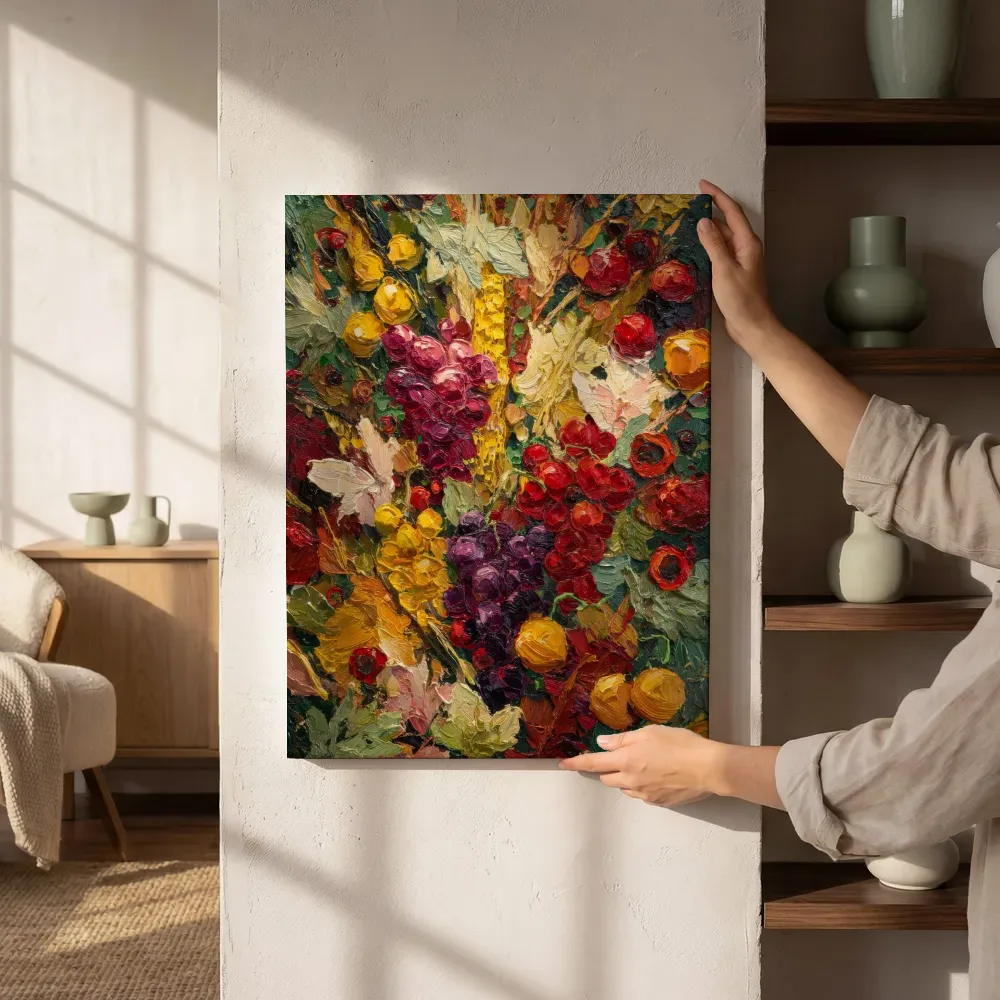 Sfeerimpressie: Impasto bloemen en druiven naast de kast