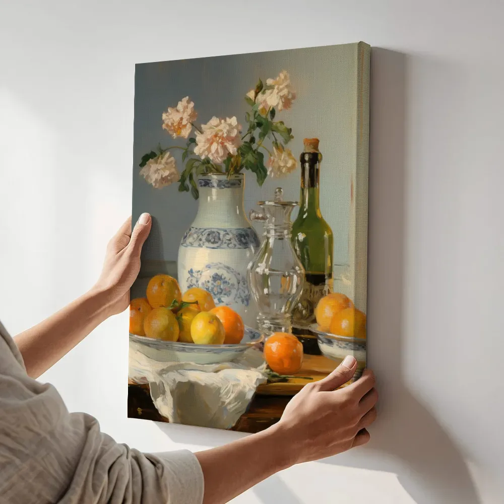 Sfeerimpressie: Stilleven met bloemen en citrusvruchten terwijl het aan de muur wordt gehangen