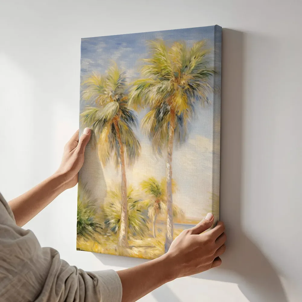 Sfeerimpressie: Impressionistische palmbomen aan zee terwijl het aan de muur wordt gehangen