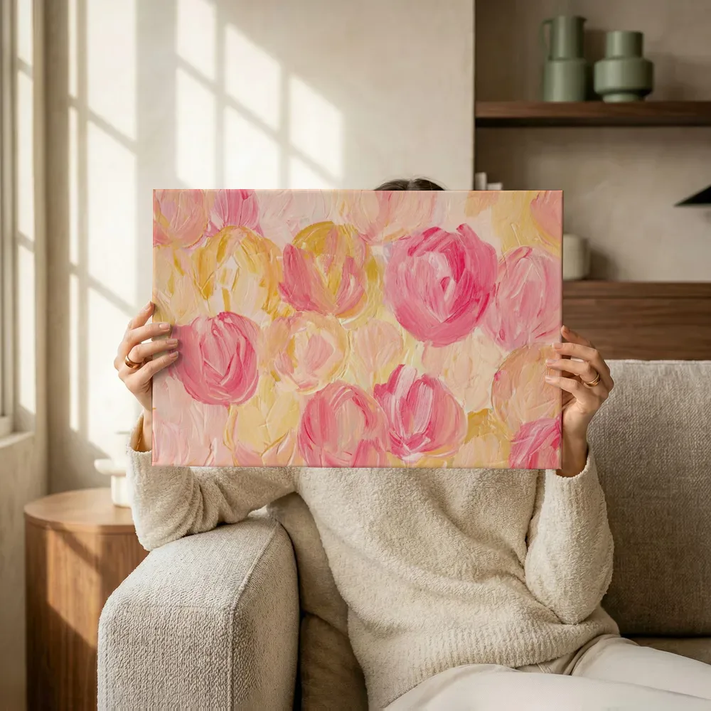 Sfeerimpressie: Impressionistische roze pioenrozen terwijl het omhoog wordt gehouden