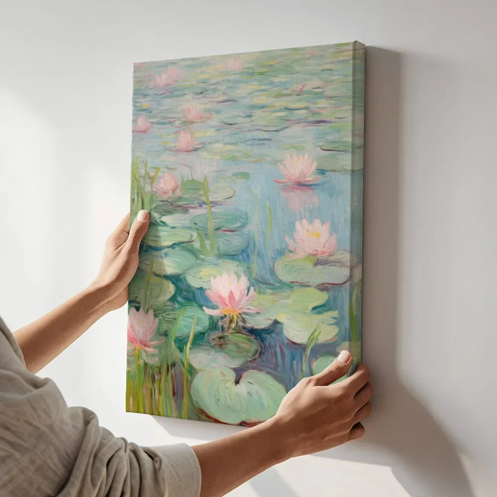 Sfeerimpressie: Roze waterlelies in de vijver terwijl het aan de muur wordt gehangen