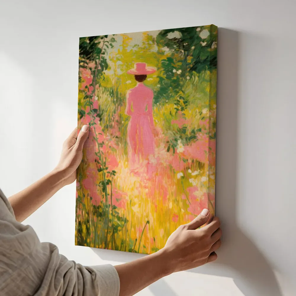 Sfeerimpressie: Vrouw in het bloemenveld terwijl het aan de muur wordt gehangen