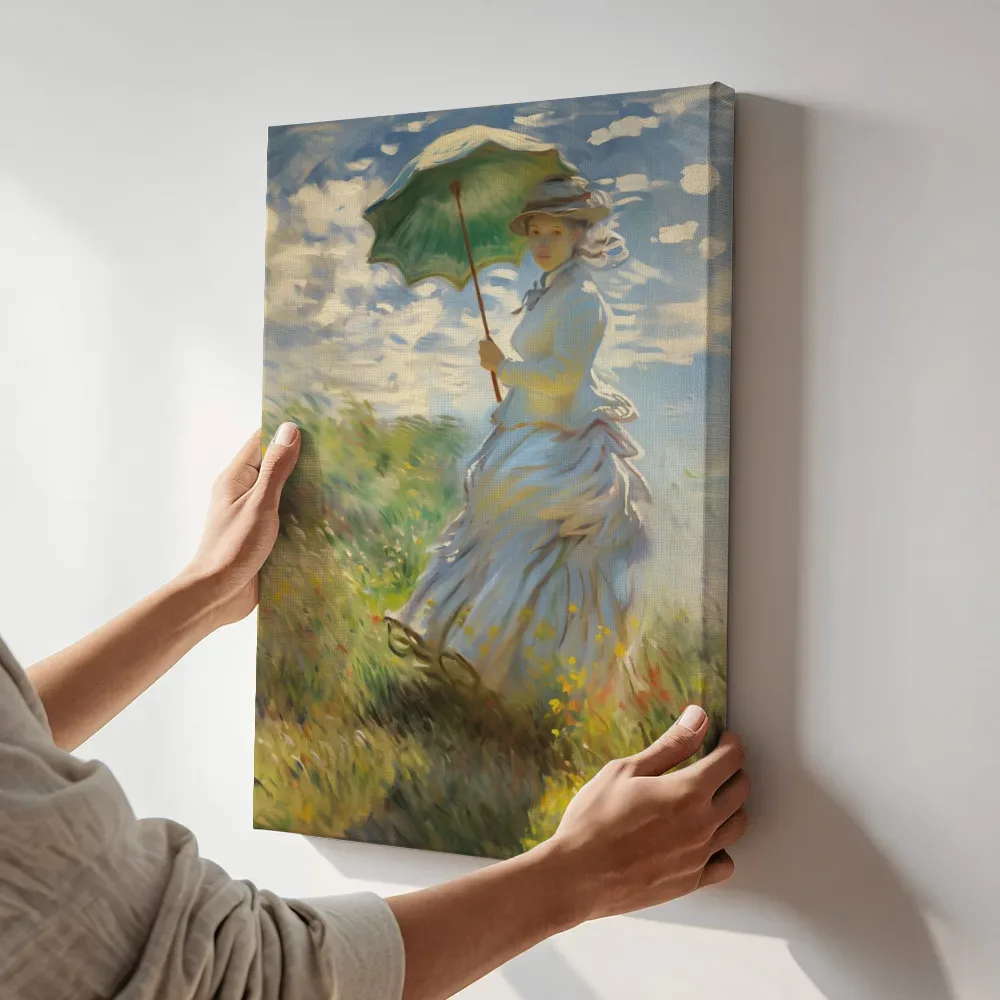 Sfeerimpressie: Vrouw met parasol in het gras terwijl het aan de muur wordt gehangen