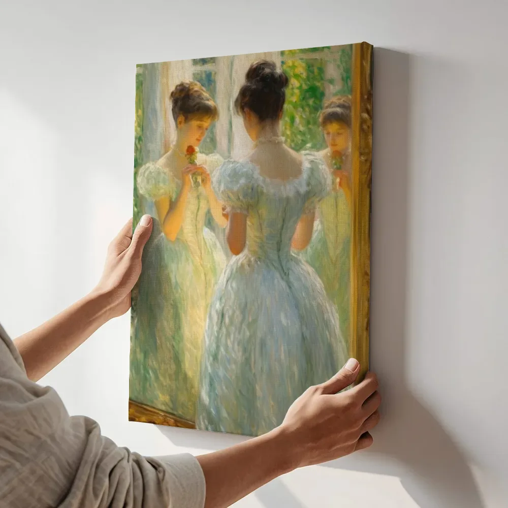 Sfeerimpressie: Vrouw voor de spiegel terwijl het aan de muur wordt gehangen