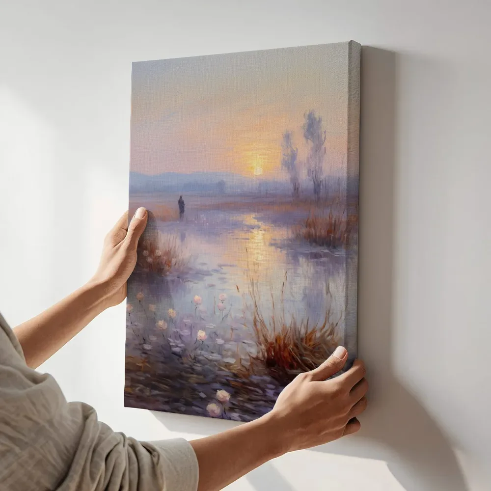 Sfeerimpressie: Zonsondergang bij de vijver terwijl het aan de muur wordt gehangen