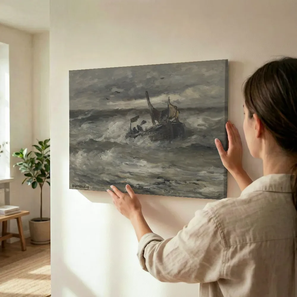 Sfeerimpressie: In gevaar van Hendrik Willem Mesdag terwijl het wordt opgehangen