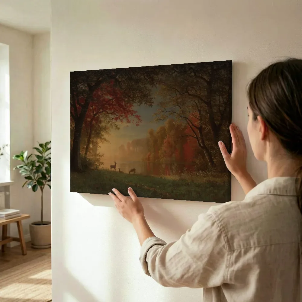 Sfeerimpressie: Indiaanse zonsondergang: herten bij een meer van Albert Bierstadt terwijl het wordt opgehangen