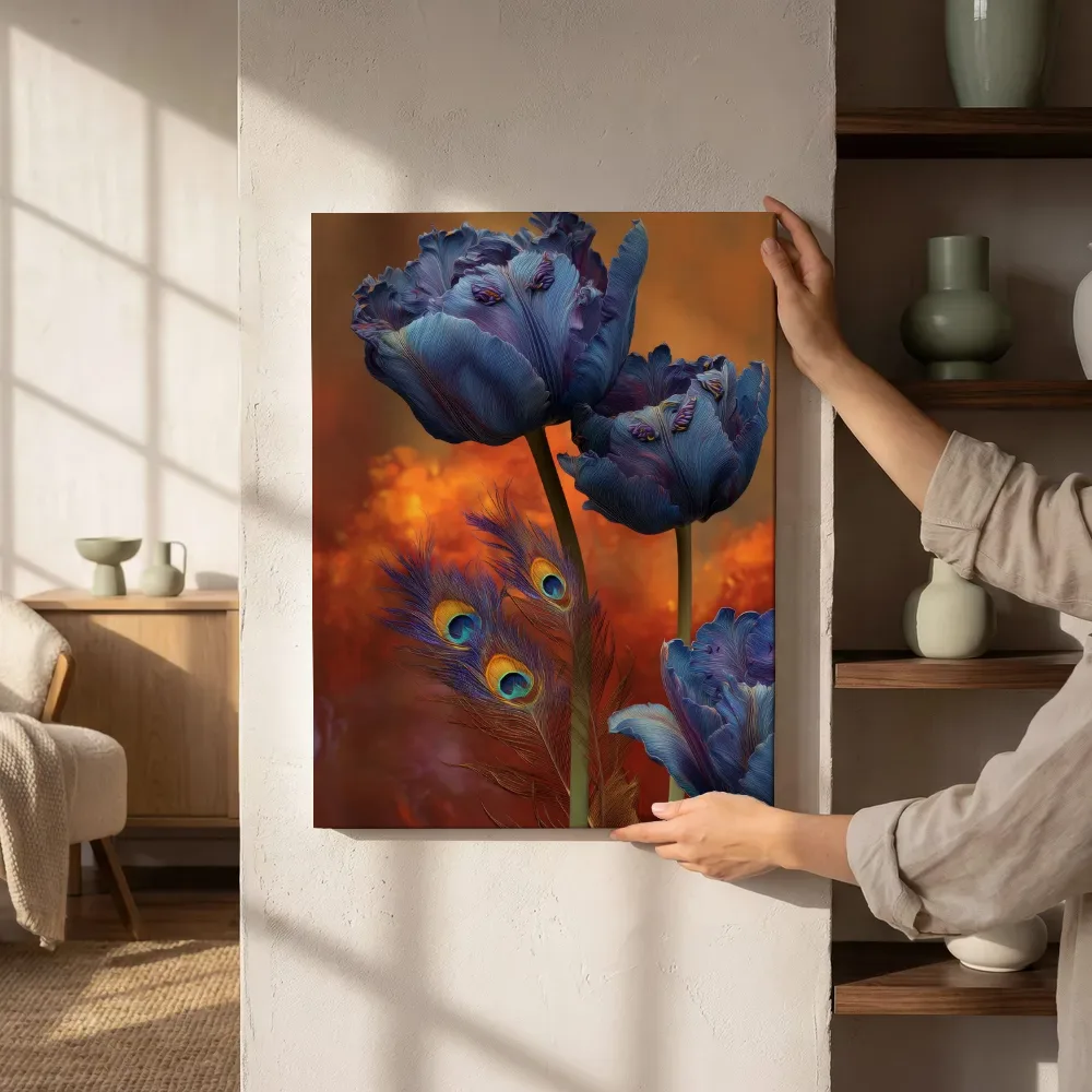 Sfeerimpressie: Indigo tulpen en pauwenveren naast de kast