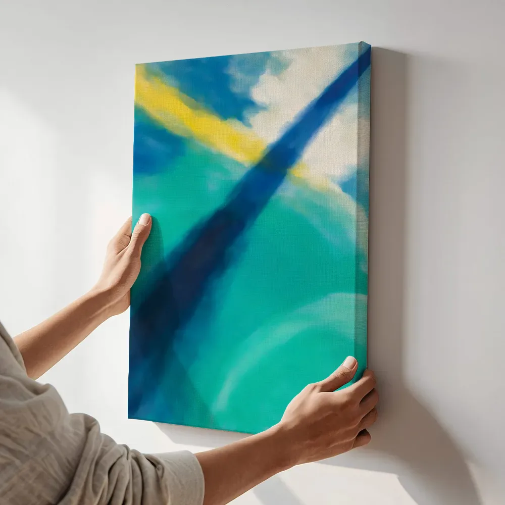 Sfeerimpressie: Ingezogen banen op de diagonaal in vol turquoise terwijl het aan de muur wordt gehangen