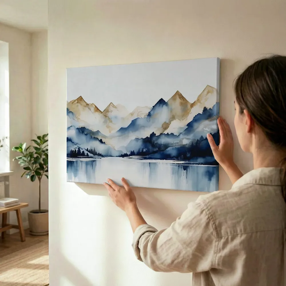 Sfeerimpressie: Inkt berglandschap in marineblauw en goud terwijl het wordt opgehangen