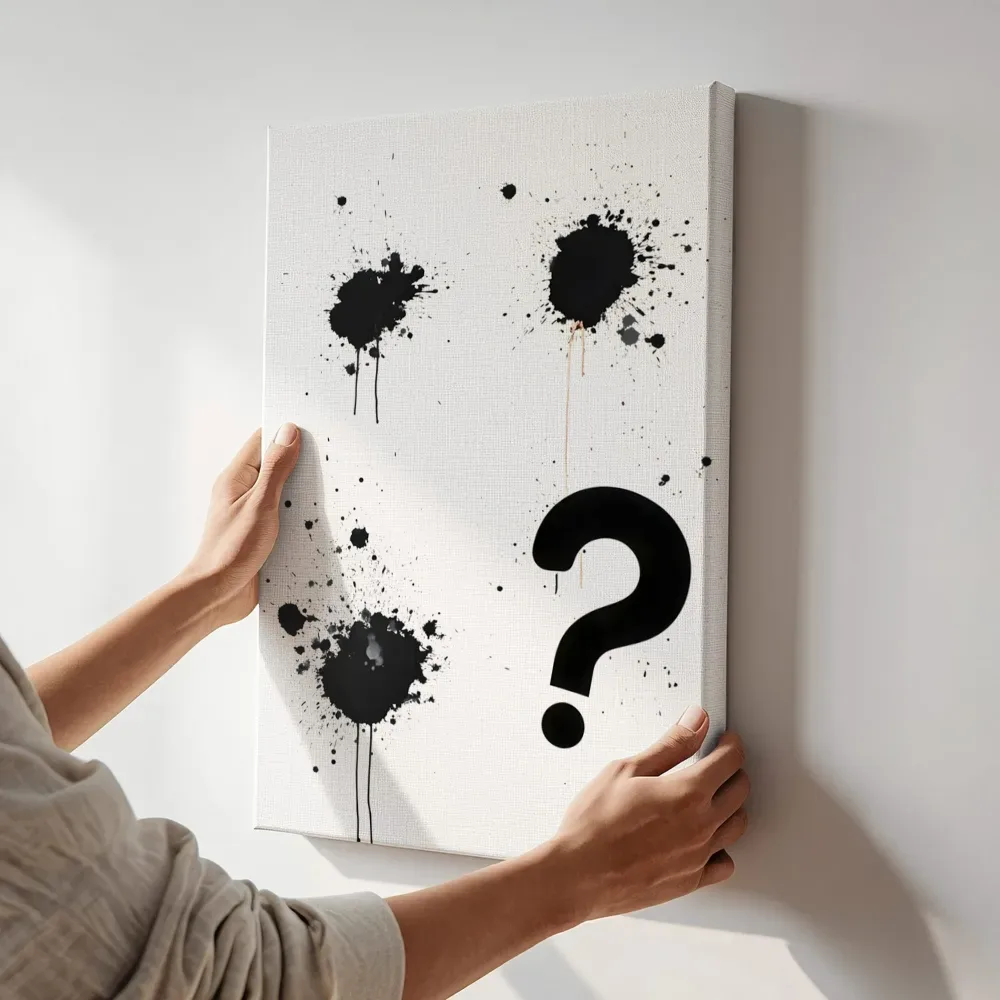 Sfeerimpressie: Vraagteken in inkt terwijl het aan de muur wordt gehangen
