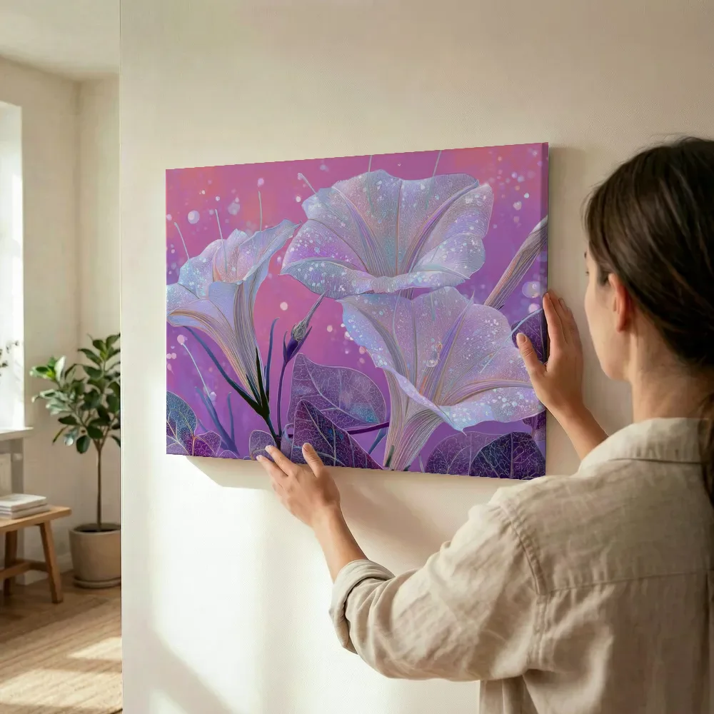Sfeerimpressie: Iriserende trompetbloemen in roze terwijl het wordt opgehangen