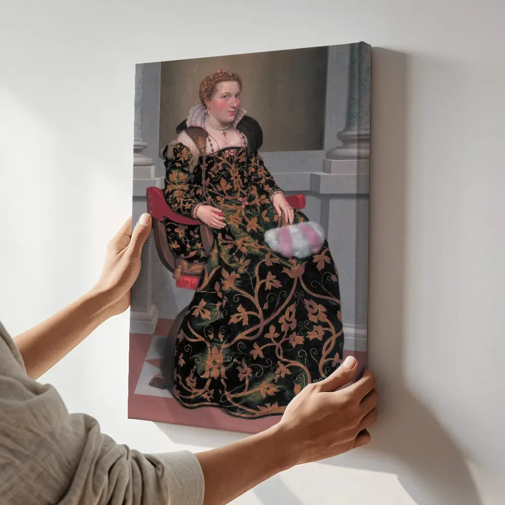 Sfeerimpressie: Isotta Brembati van Giovanni Battista Moroni terwijl het aan de muur wordt gehangen