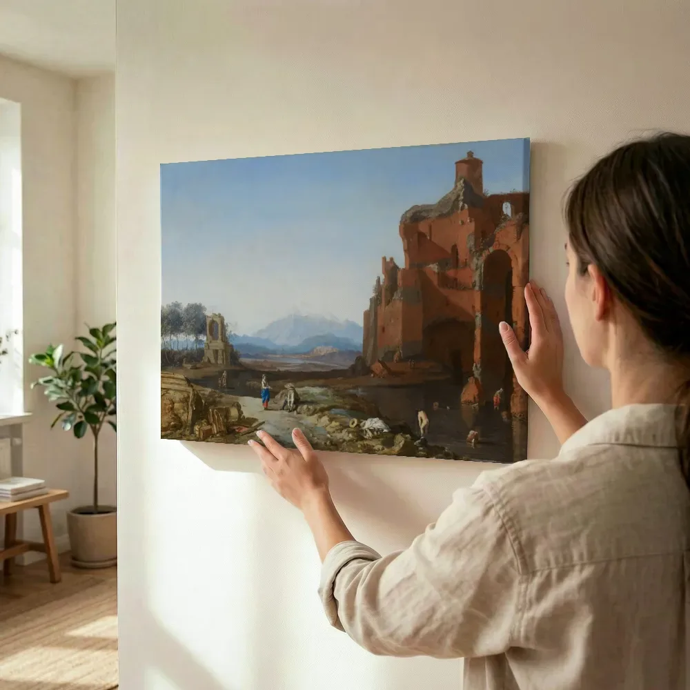 Sfeerimpressie: Italiaans landschap met de Aureliaanse muur, Navolger van Bartholomeus Breenbergh terwijl het wordt opgehangen