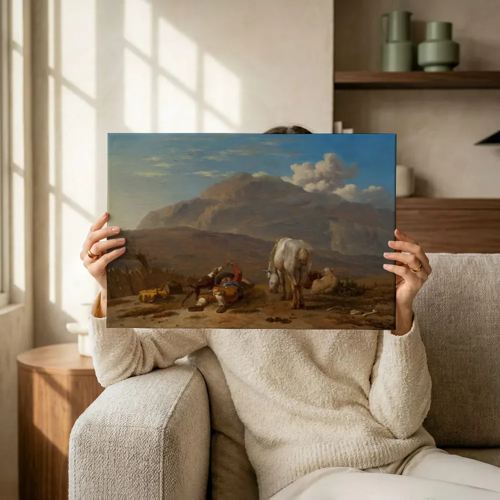 Sfeerimpressie: Italiaans landschap met een herdersjongen die met zijn hond speelt van Karel Dujardin terwijl het omhoog wordt gehouden