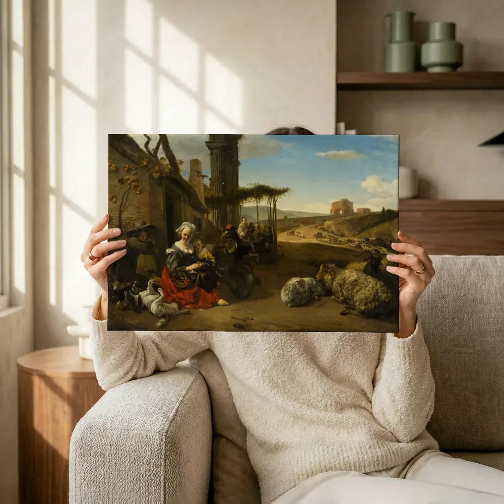 Sfeerimpressie: Italiaans landschap met herberg en antieke ruïnes van Jan Baptist Weenix terwijl het omhoog wordt gehouden