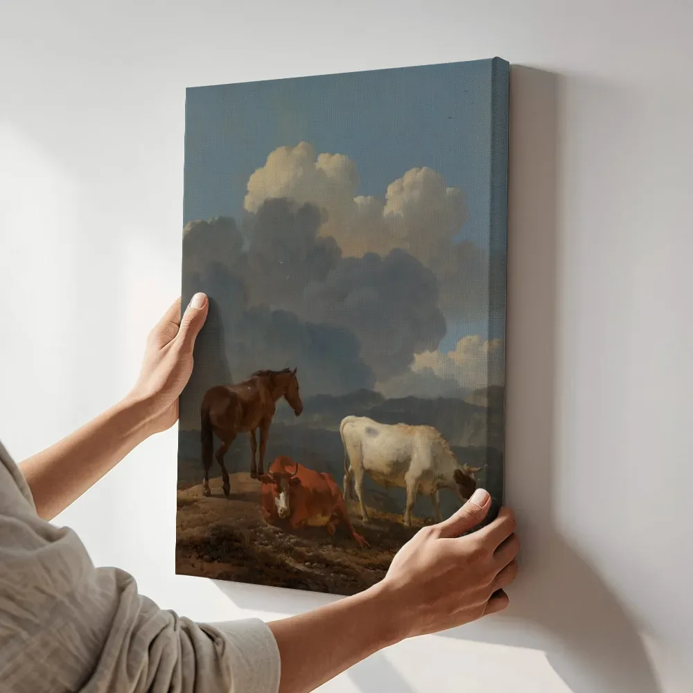 Sfeerimpressie: Italiaans landschap met vee van Karel Dujardin terwijl het aan de muur wordt gehangen