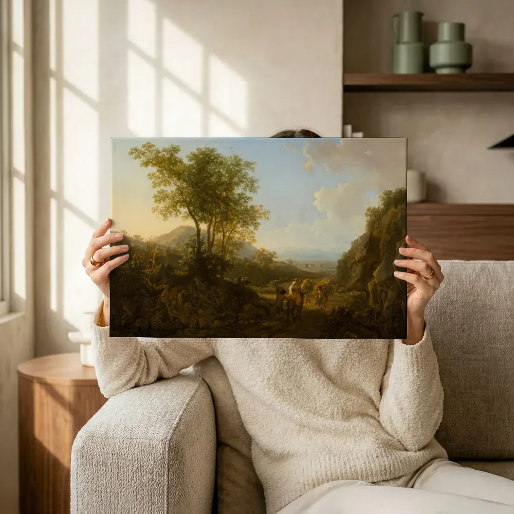Sfeerimpressie: Italiaans landschap met vee van Jan Both terwijl het omhoog wordt gehouden